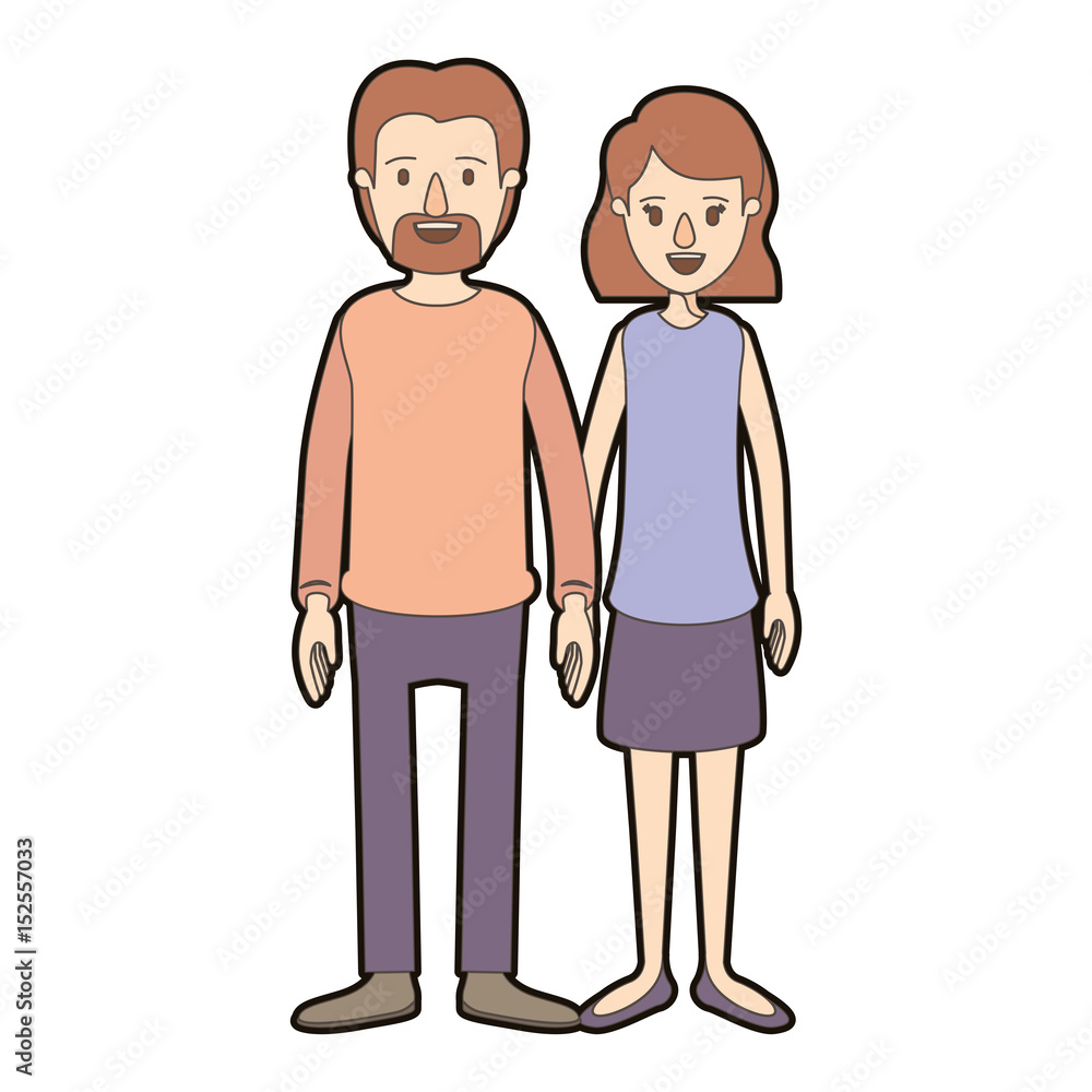 light color caricature thick contour full body couple woman with wavy short hair in skirt and man in casual clothing vector illustration light color caricature thick contour full body couple woman with wavy short hair in skirt and man in casual clothing vector illustration