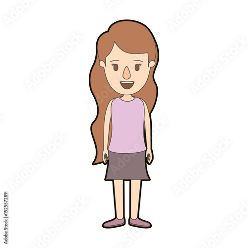 light color caricature thick contour full body woman with wavy long hair in skirt vector illustration