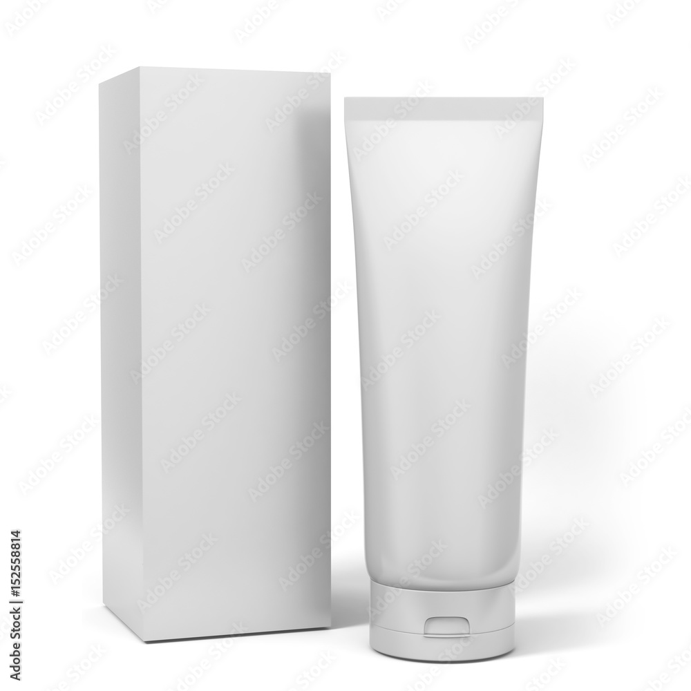 Realistic rendering of blank white cosmetics tubes and box packaging isolated on white background. 3D Illustration. Realistic rendering of blank white cosmetics tubes and box packaging isolated on white background. 3D Illustration.