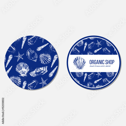Seashells hand drawn vector etching sketch isolated on blue background, seamless pattern, underwater artistic marine blue texture, white outline, template label, layout design for cards, beauty salon