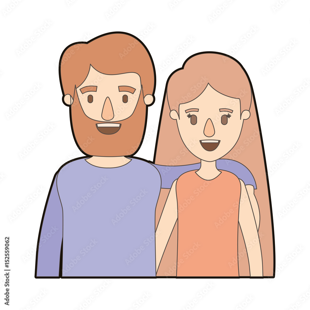 light color caricature thick contour half body couple woman with long hair and bearded man vector illustration light color caricature thick contour half body couple woman with long hair and bearded man vector illustration
