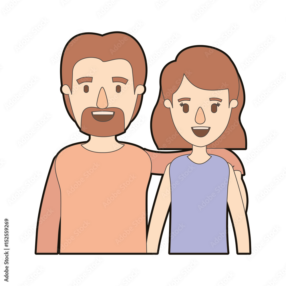 light color caricature thick contour half body couple woman with short hair and bearded man vector illustration light color caricature thick contour half body couple woman with short hair and bearded man vector illustration