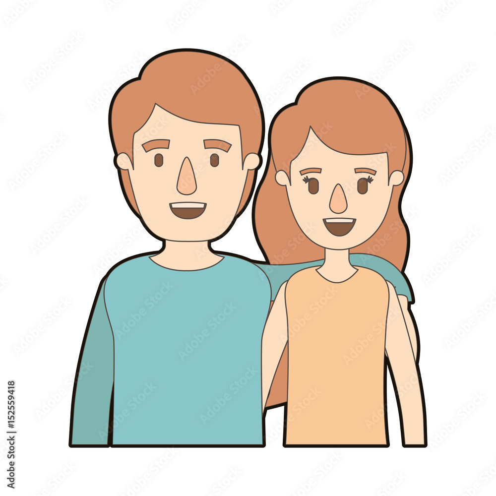 light color caricature thick contour half body couple woman with short wavy hair and man vector illustration light color caricature thick contour half body couple woman with short wavy hair and man vector illustration