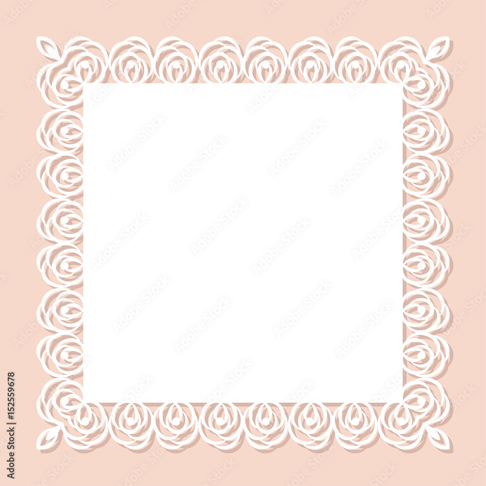Square decorative frame with pattern of flower roses for laser cutting. Vector illustration.