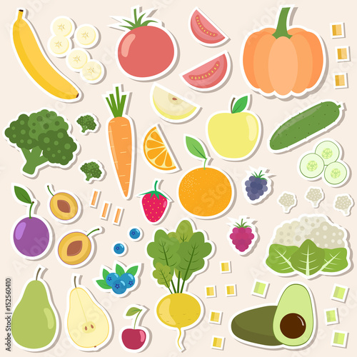 Fototapeta Naklejka Na Ścianę i Meble -  Set of fresh healthy vegetables, berries and fruits stickers. Slices of fruits and vegetables. Flat design. Organic farm illustration. Healthy lifestyle vector design elements.