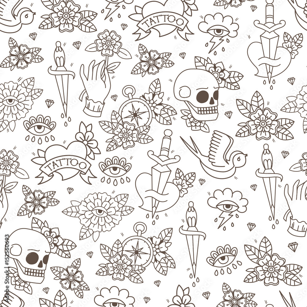 Seamless Doodle Pattern. Traditional Old School Tattoo. Vector background.