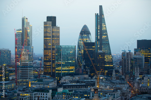 City of London business aria view at sunset. City of London the leading financial centre in the Europe. 