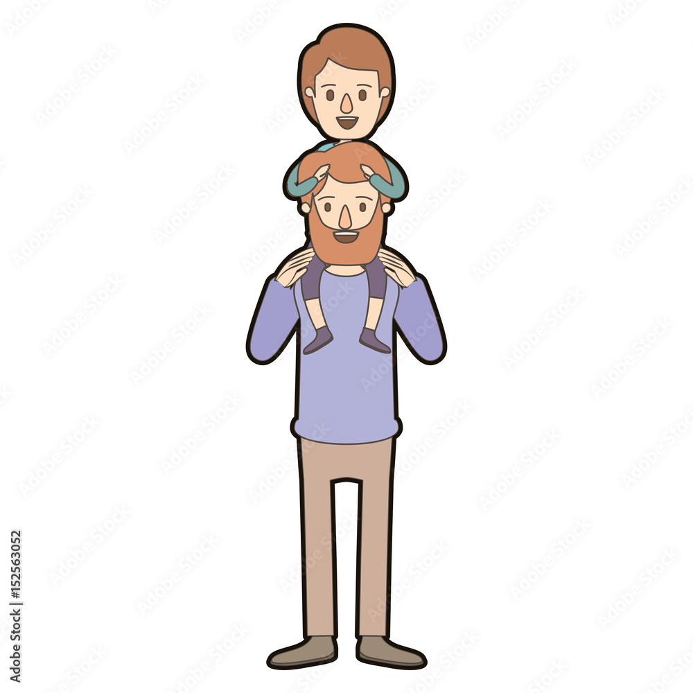 light color caricature thick contour bearded father with boy on his back vector illustration
