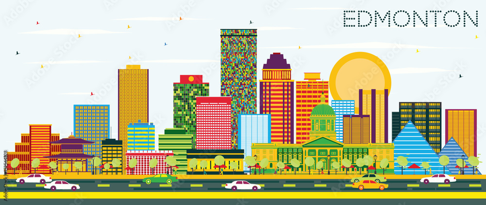 Obraz premium Edmonton Skyline with Color Buildings and Blue Sky.