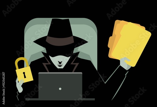 ransomware hacker virus using a computer with a lock and files