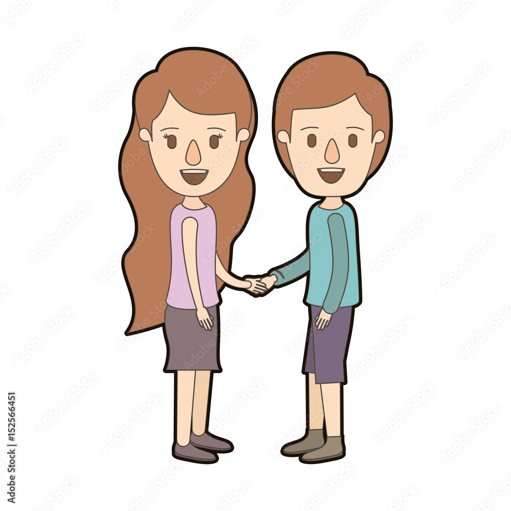 light color caricature thick contour side view full body couple in casual clothing handshake vector illustration light color caricature thick contour side view full body couple in casual clothing handshake vector illustration