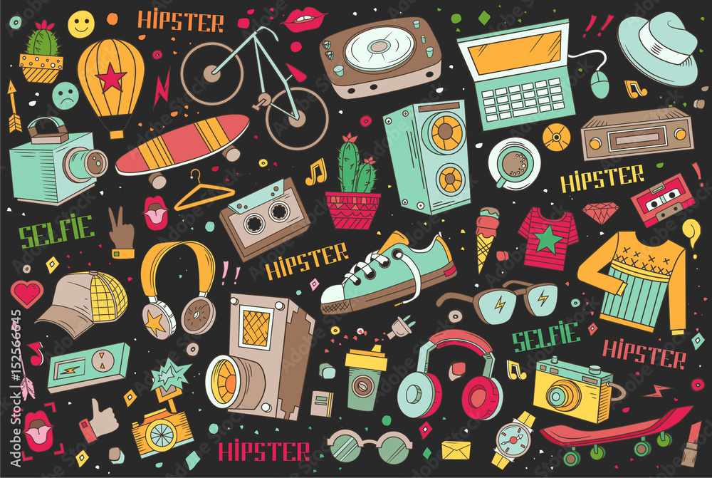 Hipster collage in cartoon style. Templates elements of bicycle, headphone, music and style. Vector illustration. Hipster collage in cartoon style. Templates elements of bicycle, headphone, music and style. Vector illustration.