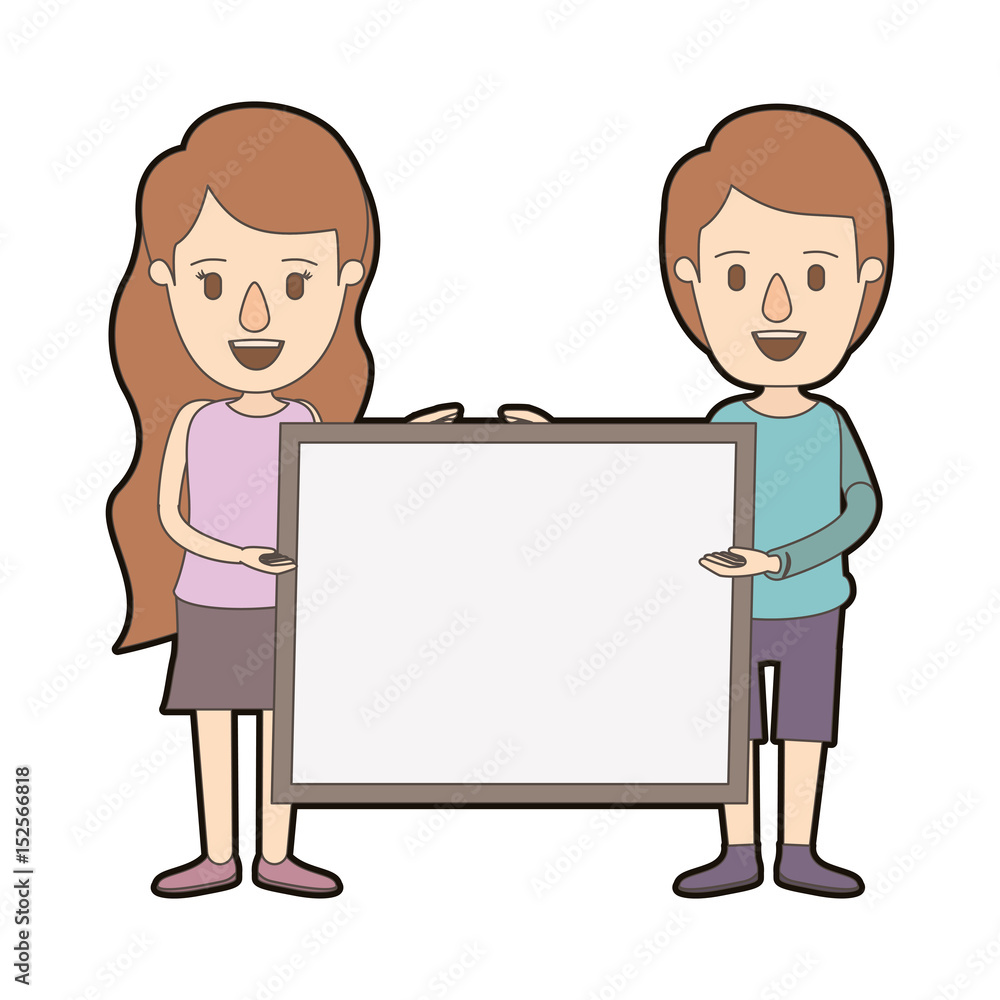 light color caricature thick contour full body couple holding a square poster vector illustration light color caricature thick contour full body couple holding a square poster vector illustration