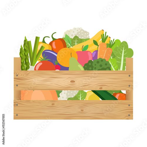 Fresh healthy vegetables and fruits in a wooden box. Vector illustration.