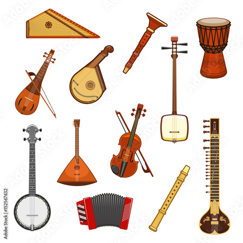 Classic and ethnic music instrument icon set photo