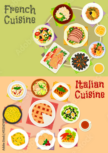 Italian and french cuisine dishes icon set design
