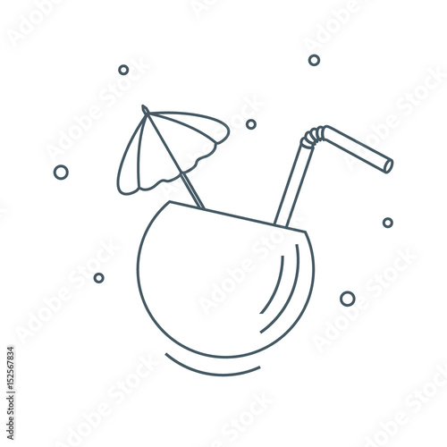 Stylized icon of the cocktail in half coconut, tube and umbrella. Travel and leisure.