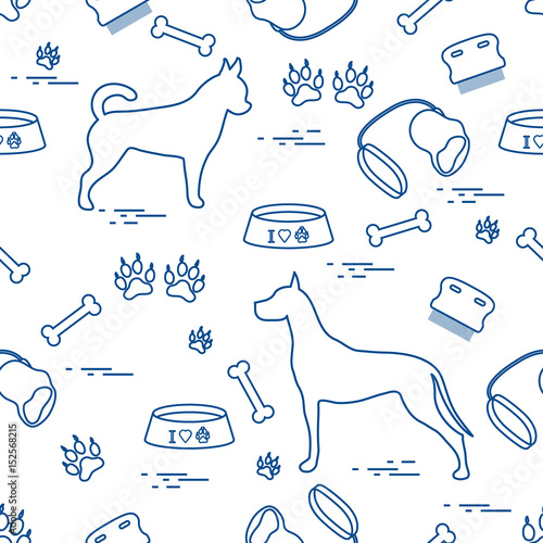 Seamless pattern with great dane and chihuahua, silhouette, comb, collar, leash, bone, bowl for food, dog tracks.