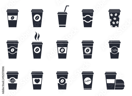 Disposable cup of coffee, flat vector icons set