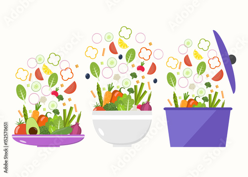 Vegetable plate. Vegetable bowl. Slices of vegetables. Flat design.