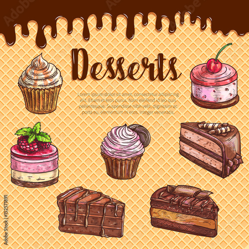 Cake dessert menu poster with chocolate cupcake