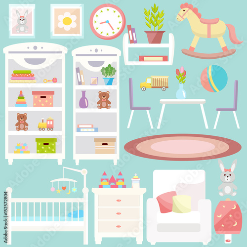 Baby room furniture icon set. Nursery  interior. Flat design. Vector illustration.