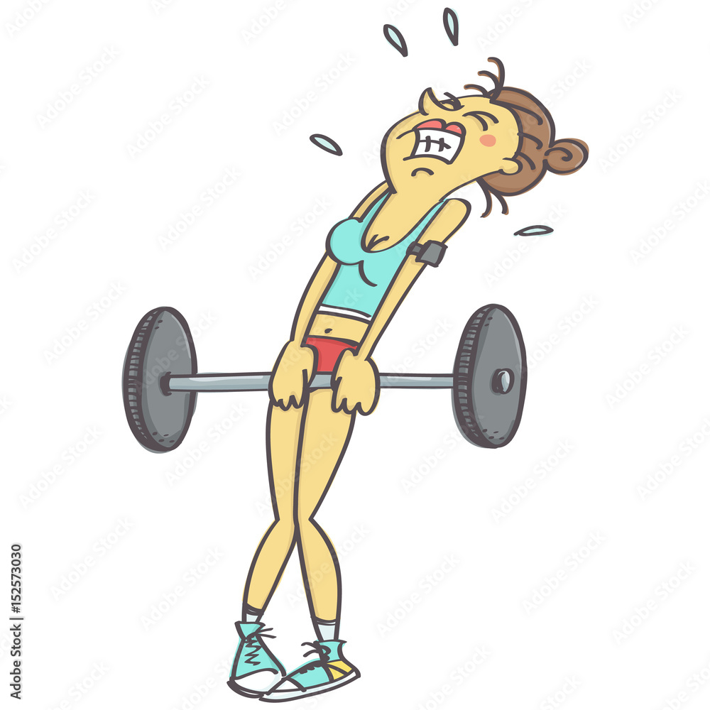 Funny vector cartoon of woman in sporty outfit lifting weights with  difficulties Stock Vector | Adobe Stock