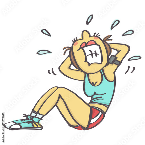 Funny cartoon of sweaty woman doing abs, vector illustration isolated
