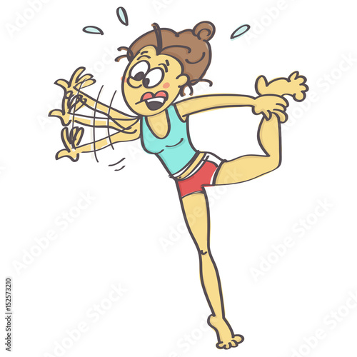 Humorous cartoon of clumsy woman exercising yoga just about to fall down, isolated vector illustration with white background