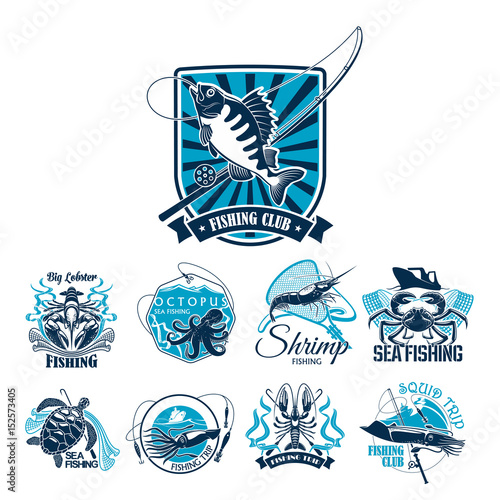 Fishing sport club badge set with fish and boat