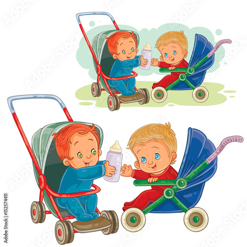 Vector clip art illustration of one little baby stretches his milk bottle to another baby. Print, template, design element