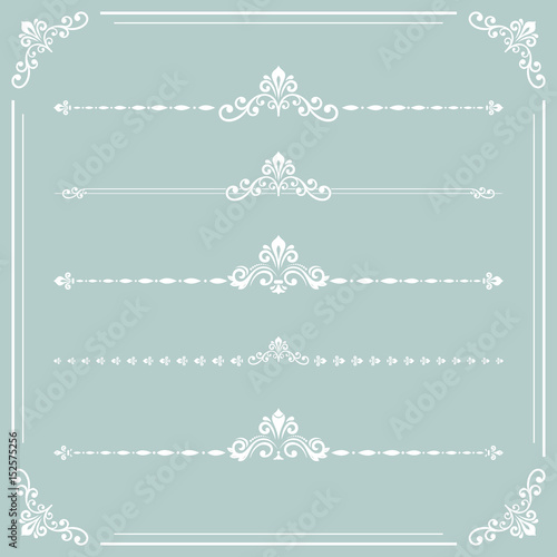 Vintage set of vector decorative elements. Horizontal white separators in the frame. Collection of different ornaments. Classic pattern. Set of vintage patterns