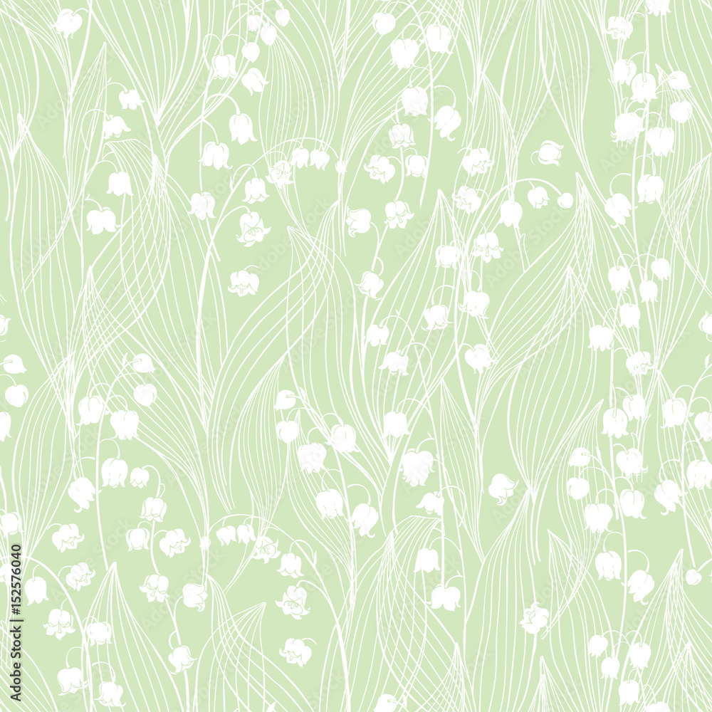 Seamless vector pattern with lilies of the valley on a green background. Seamless vector pattern with lilies of the valley on a green background.