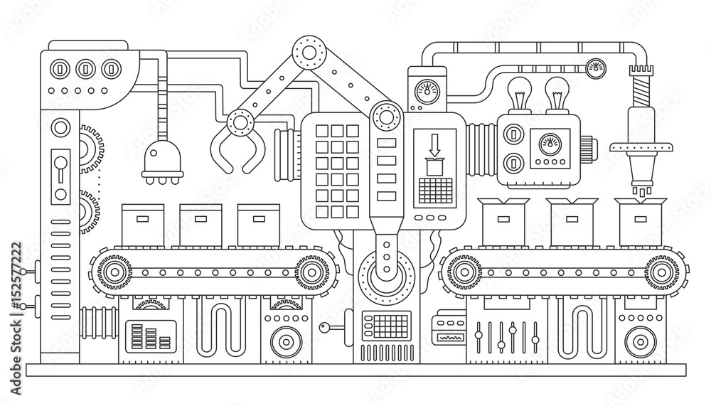 Industrial conveyor belt line outline vector illustration. Conveyor process abstract machine production. Strike line style. Industrial conveyor belt line outline vector illustration. Conveyor process abstract machine production. Strike line style.