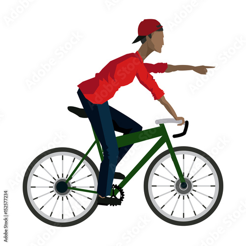 young guy rider bicycle pointing hand vector illustration