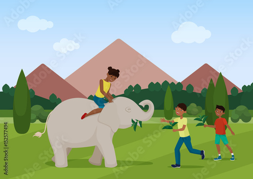 Vector illustration of the little children feeding and riding the elephant.