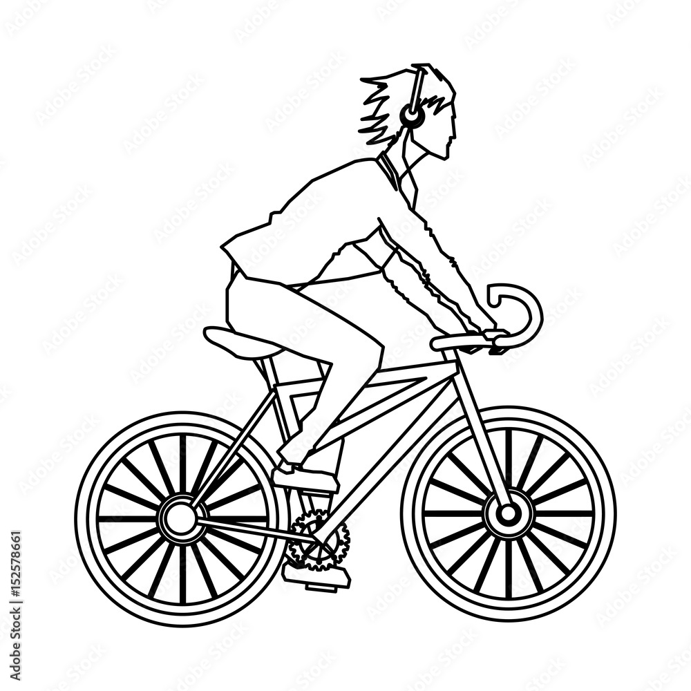 Obraz premium guy rider bike with headphones outline vector illustration
