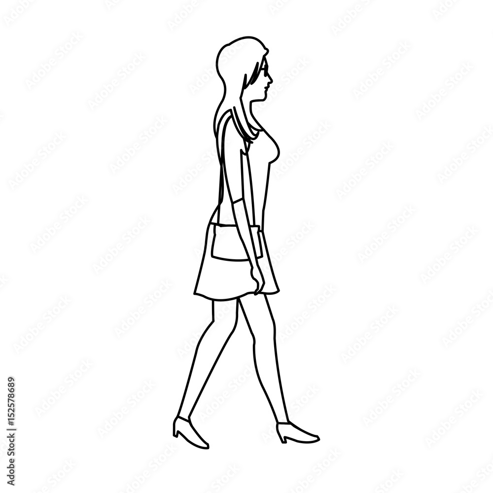 woman walking with dress and purse bag outline vector illustration