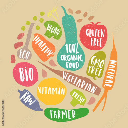 Vector set of stylized vegetables with handwritten lettering in the form of circle on cardboard background. Poster, banner, sticker for eco, bio, organic, farm food.