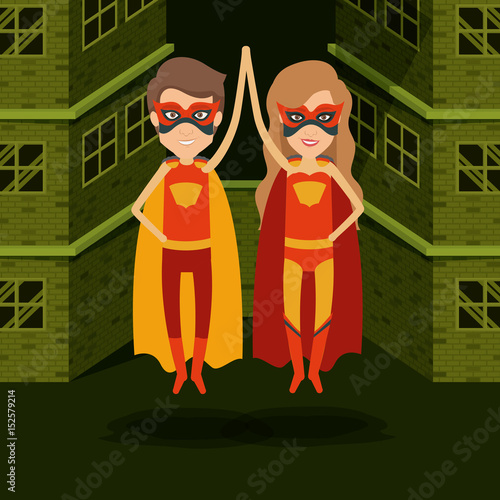 green color background buildings brick facade with colorful superhero couple with clashing hands vector illustration
