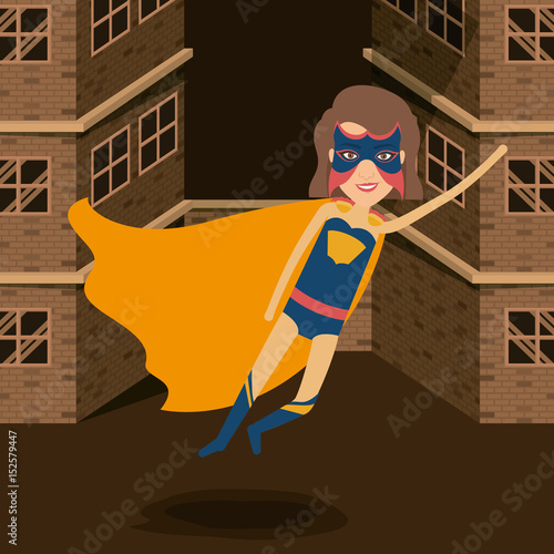 colorful background buildings brick facade with superheroin woman in outfit flying vector illustration