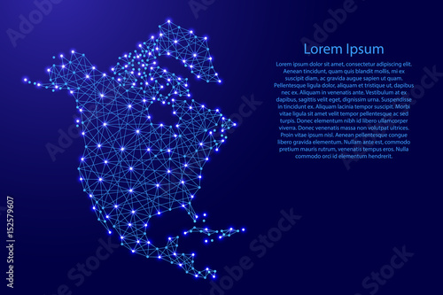 Map of North America from polygonal blue lines and glowing stars vector illustration