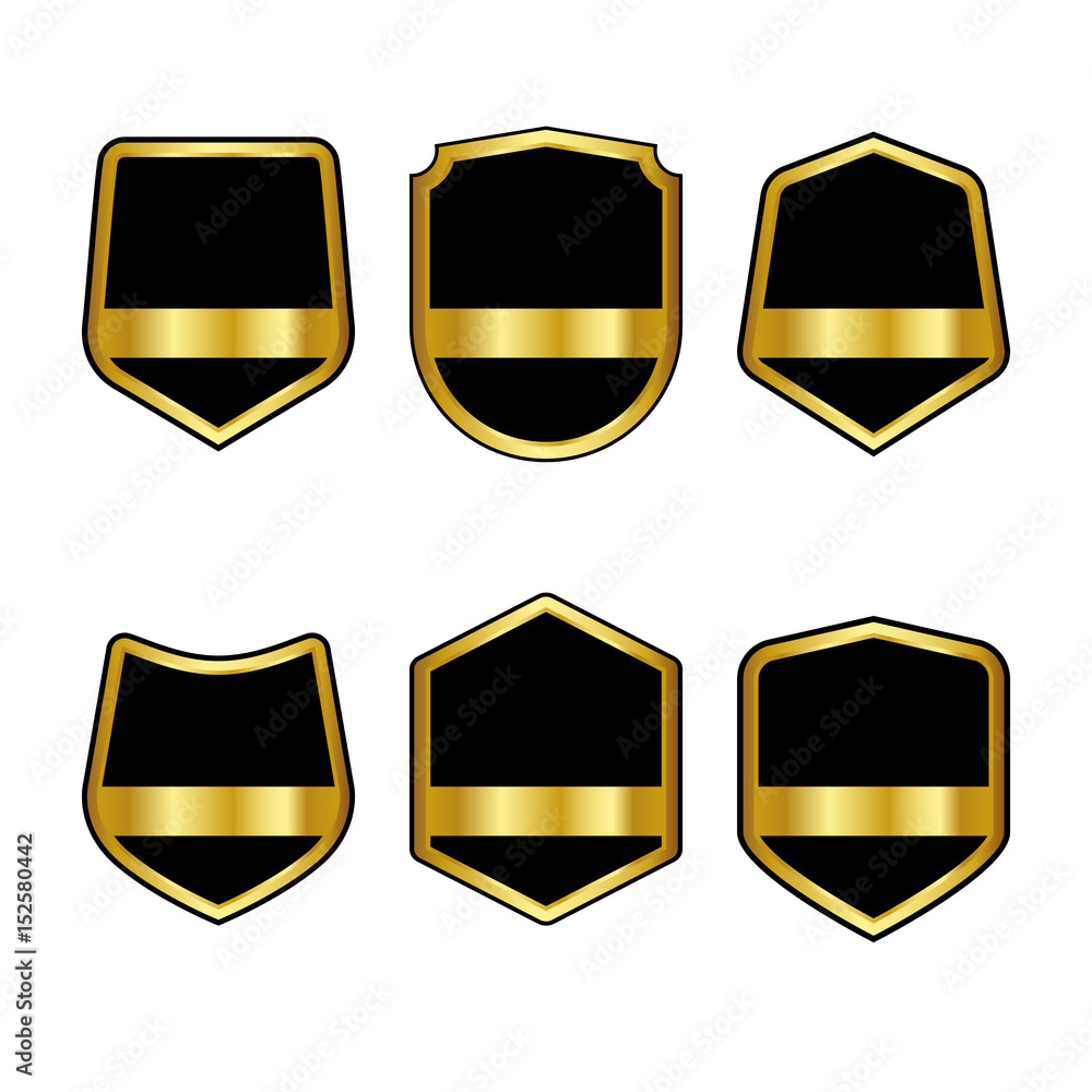 Set of black shields with Golden ribbons in trendy flat style isolated on white background. Herald logo and medieval Shield symbol for your web site design, logo. Vector illustration. EPS10. Set of black shields with Golden ribbons in trendy flat style isolated on white background. Herald logo and medieval Shield symbol for your web site design, logo. Vector illustration. EPS10.