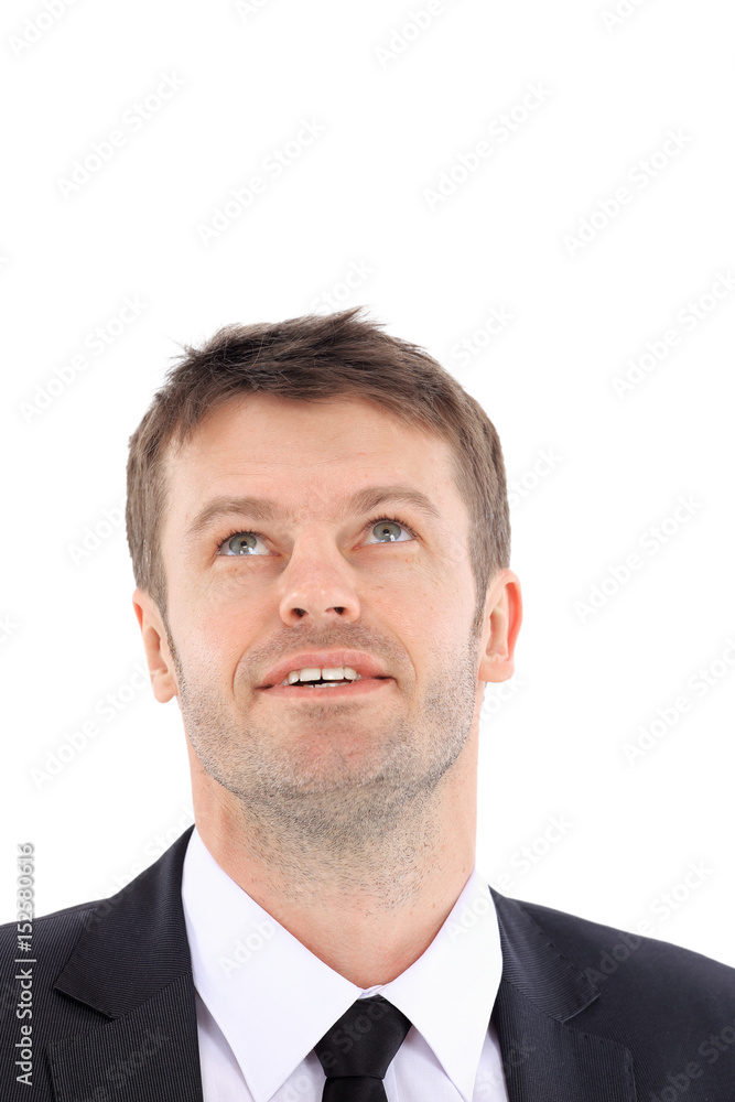 Portrait of business man looking up and smile Portrait of business man looking up and smile
