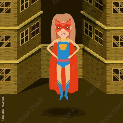 sepia color background buildings brick facade with superwoman posing in outfit with boots vector illustration