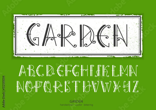 Vector alphabet set. Uppercase letters with decorative flourishes. Images and associations: forged fence, garden, Art Nouveau style.