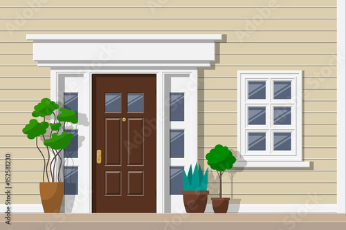 house facade with front door window potted plants exterior design