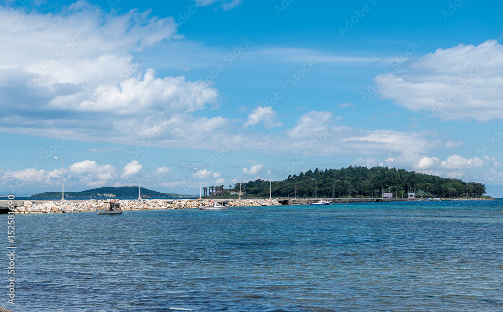  View at Quarantine Island ta Small coastal İskele village at Urla, Izmir, Turkey