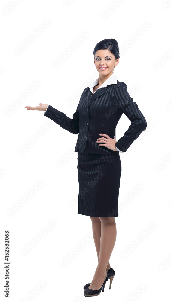 Happy smiling young beautiful business woman showing blank area Happy smiling young beautiful business woman showing blank area