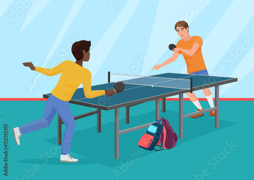 The vector illustration of two friends playing the table tennis.